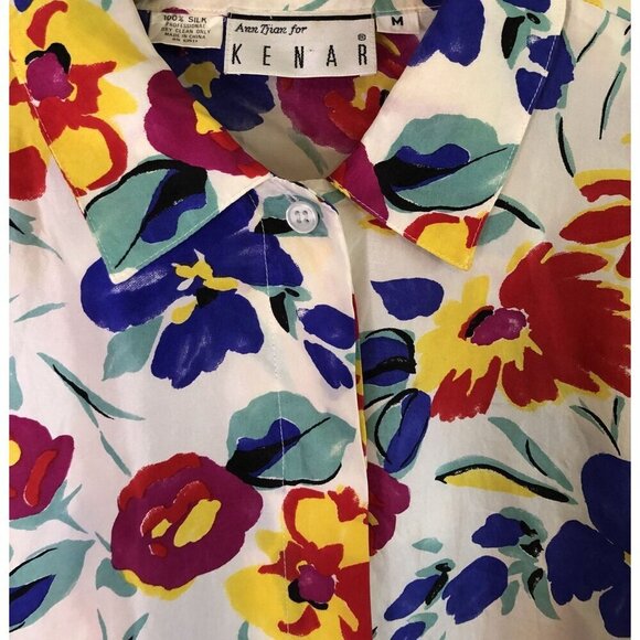 Vintage Ann Tjian for Kenar Shirt Women's M Floral 100% Silk Button-up Colorful - Picture 4 of 7